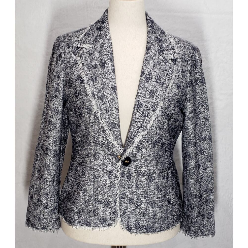 Talbots Tweed Fringe Blazer 14P Blue Gray Petite Lined Jacket Coquette Career